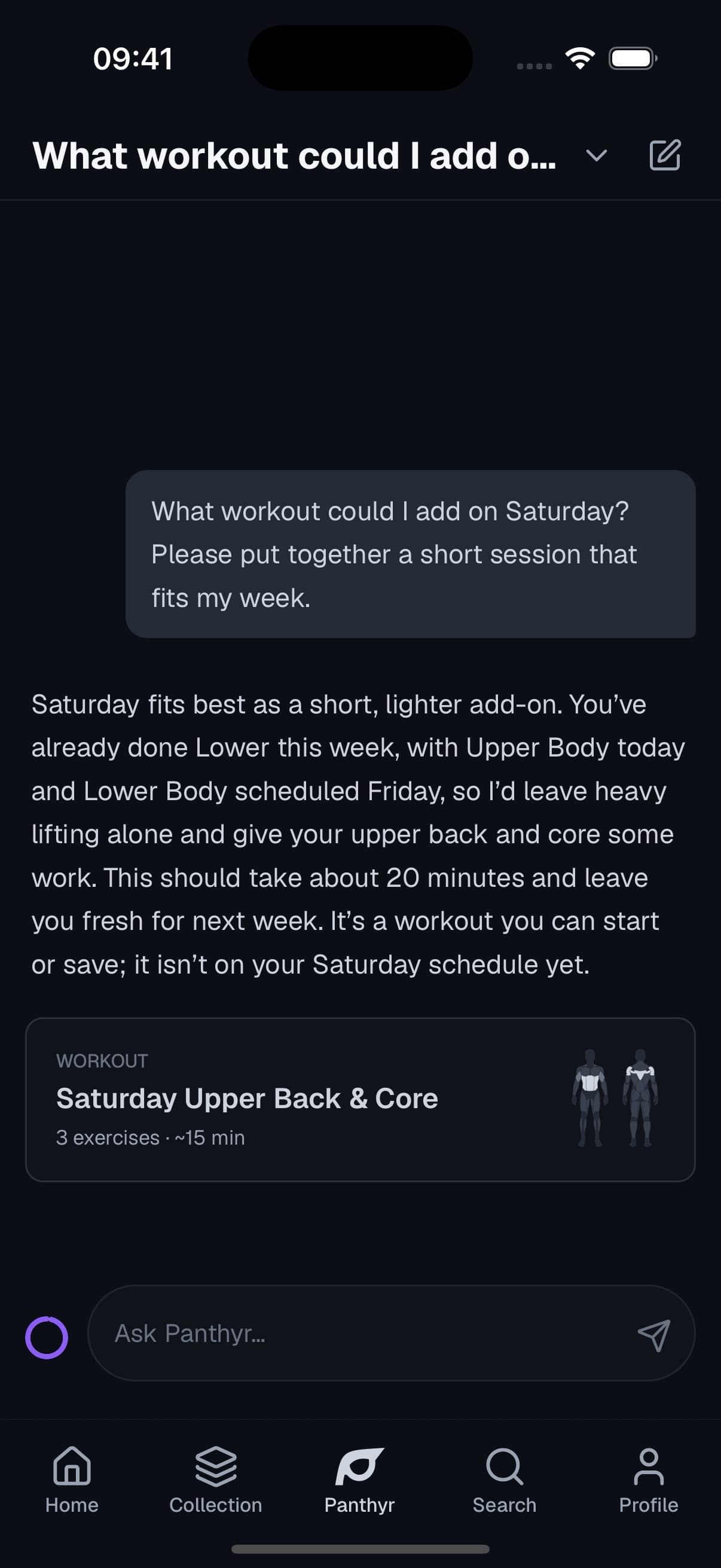 A person asks Panthyr for a Saturday workout and receives a session that fits their week
