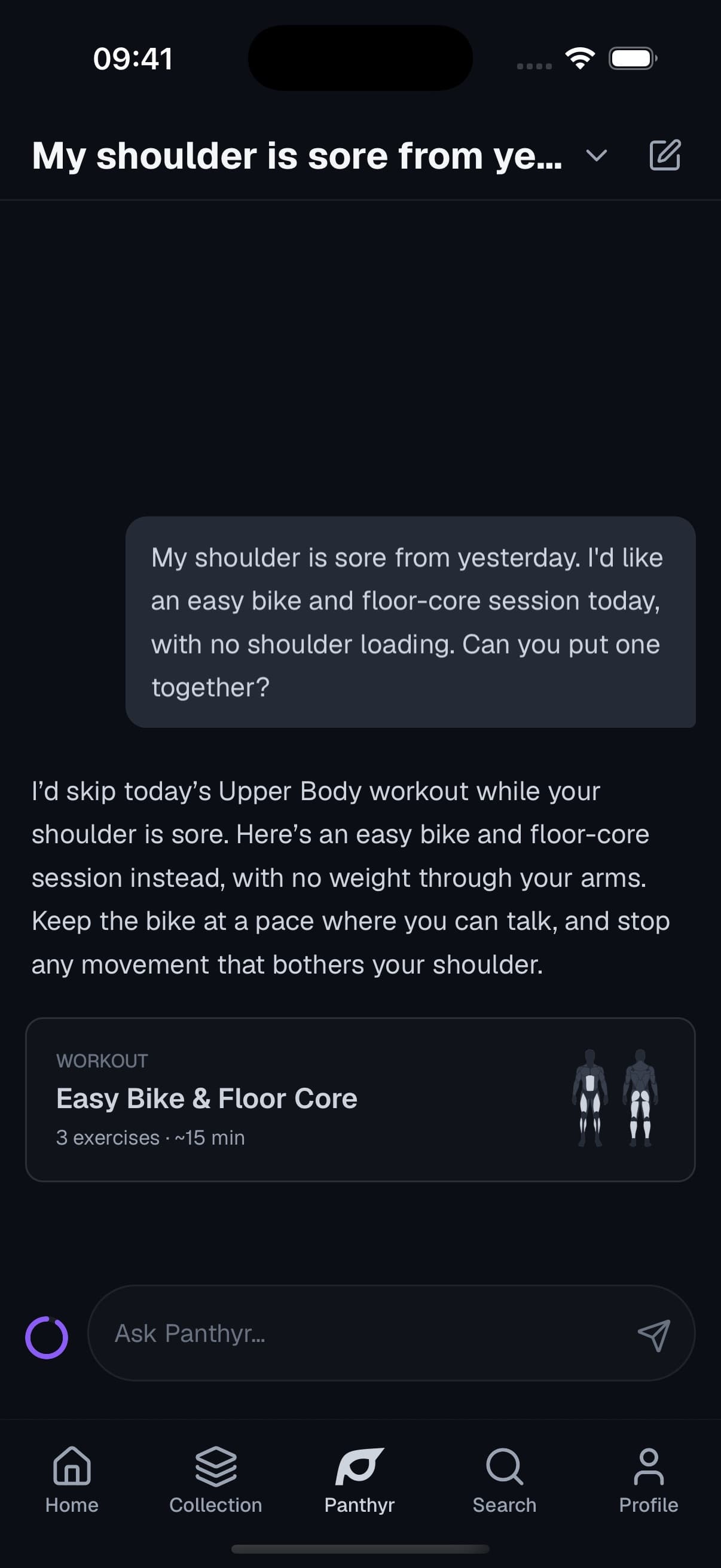 A person mentions a sore shoulder and Panthyr suggests a suitable workout