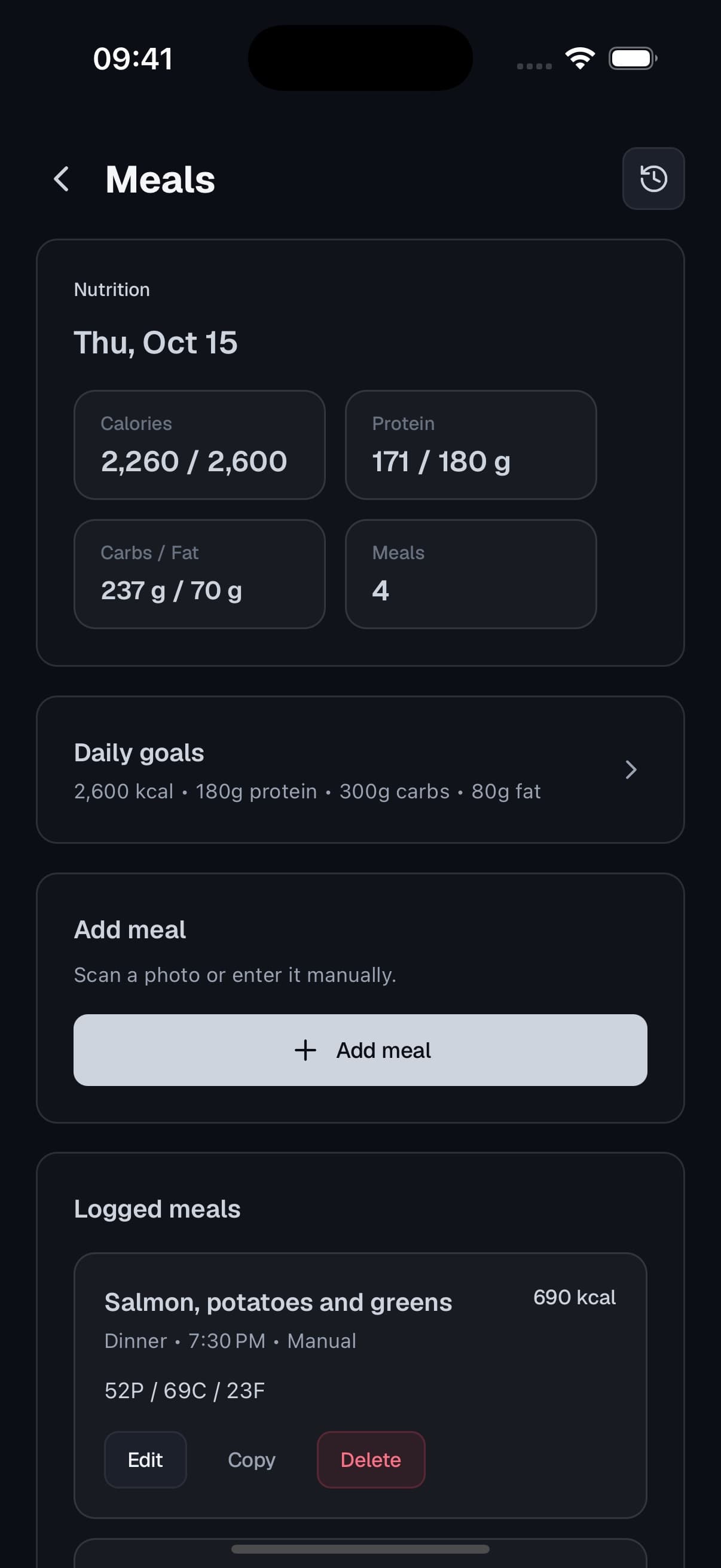 Meal log with calories and macros against daily goals